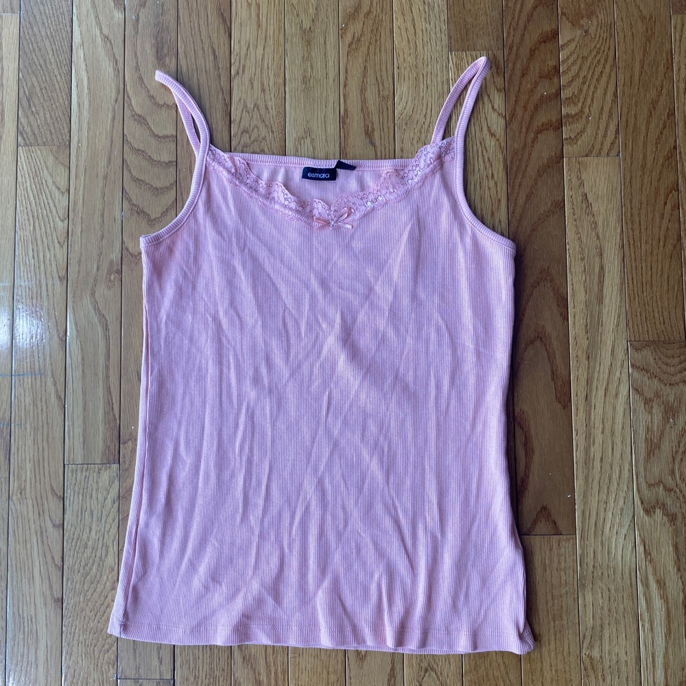 Vintage Y2K Esmara Pink Ribbed Lace Trim Bow Tank Top Coquette Cute M - Picture 7 of 10